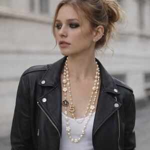 DUAL STRAND #5 PEARL NECKLACE FLOWER STATEMENT LUX STYLE TREND LAYERING NECKLACE